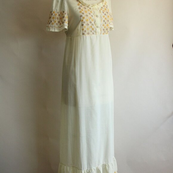 Vintage 1970s Dress, Yellow Embroidered Boho Maxidress with Empire Waist and Bow - Picture 6 of 10